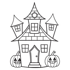 Naklejka premium Halloween haunted house vector, black and white Halloween Haunted House coloring Page
