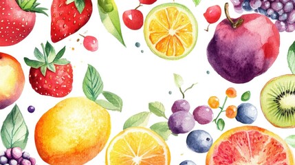 Vibrant watercolor illustration of assorted fruits on a white backdrop.