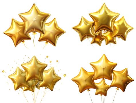 set of gold star balloons on white background