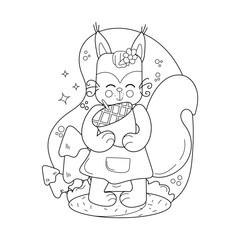 Childrens drawings coloring page. A squirrel holds an acorn in his hands against the background of a forest. Vector