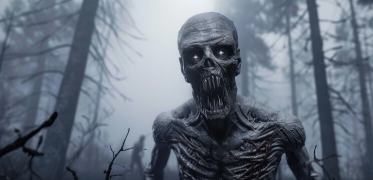 A terrifying creature stalks in a foggy, eerie forest, evoking intense fear and unease.