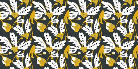 Modern printed fabric flower block print pattern with linen texture effect. Stylized boho dark floral for chic fashion background motif border design.