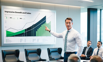 A businessman is pointing at a business chart and profit growing on a board in a company conference room. AI Generated
