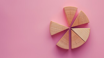 Flat Lay of Wooden blocks with a circular graph on a pink background, showing market share distribution and business analysis