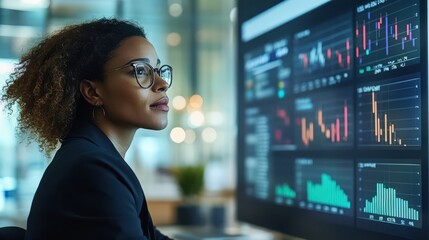 A woman is looking at a computer monitor with a lot of graphs and numbers on it. She is wearing glasses and she is focused on the screen