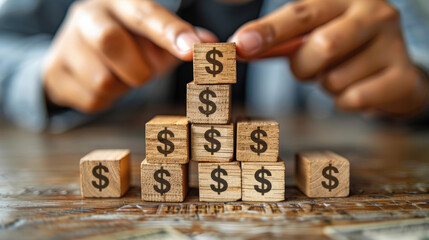 Obraz premium Close-up of hands stacking wooden blocks with dollar signs, wooden blocks business, financial growth 