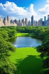 Serene central park oasis embraced by majestic cityscape under a vibrant sky