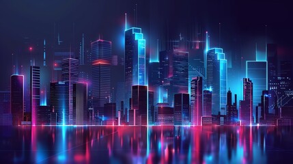 A futuristic city skyline at night with glowing lights.