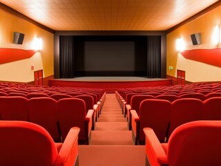 Cozy cinema interior with red chairs and stage ready for evening film screening