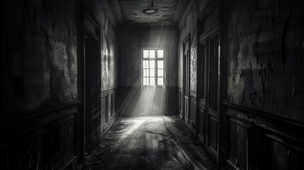 A dark, abandoned hallway with peeling walls and rays of light entering through a window.