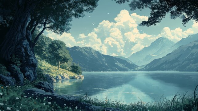 Serenity in a Beautiful Landscape, anime style