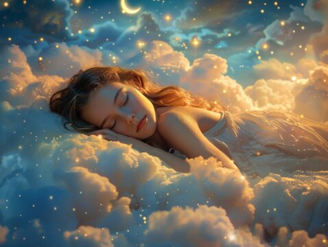 world sleep day. person peacefully sleeping amidst fluffy clouds, with stars twinkling above and a crescent moon casting its gentle glow.