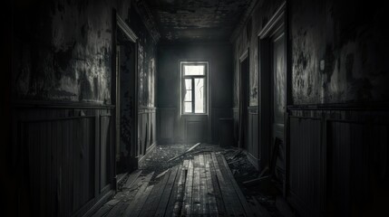 An eerie, dark abandoned hallway with decaying wallpaper and a single light filtering through a window.