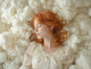 Fototapeta premium world sleep day. Picture of a sleeping woman surrounded by dreamy white clouds with more space around,