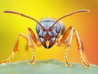 Naklejka premium Intricate ant close-up against a vibrant sunset background