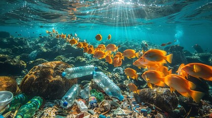 underwater photography, tropical sea. Below under water there is garbage, plastic bottles and exotic fishes
