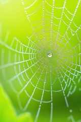 Obraz premium Delicate spider web glistening with dew in a lush green garden at dawn
