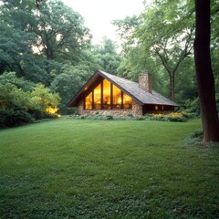 Fototapeta premium A cozy stone cottage nestled in lush greenery at dusk in a serene forest