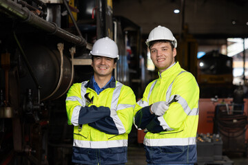 Two locomotive engineers in yellow and blue safety gear are posing for a picture