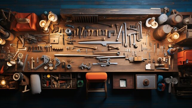 A top view of a wooden workbench with various tools spread out