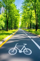 Fototapeta premium Serene green bicycle path under a clear blue sky in a sunny urban park