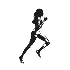 Running woman, spotting black isolated vector drawing. Run