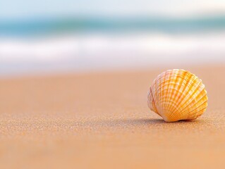 Obraz premium Delicate orange shell resting on soft sandy beach at sunrise