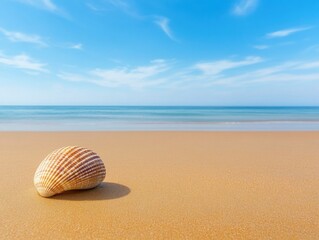Obraz premium Delicate seashell resting on golden sand under a bright blue sky at the shoreline