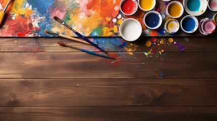 An overhead shot of a wooden craft table with art supplies scattered around