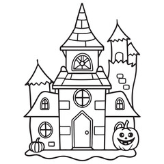 Fototapeta premium a black and white drawing of a haunted house with a pumpkin