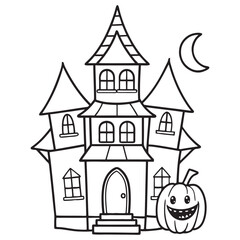 Fototapeta premium a spooky halloween haunted house with a jack o lantern and a crescent moon