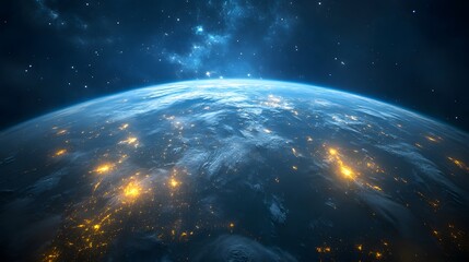 Fototapeta premium Earth from space, panoramic view, night lights, city illumination, curved horizon, atmospheric glow, cloud cover, dark space background, cinematic, dramatic lighting.