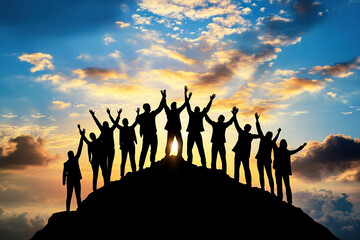 Silhouettes of group people men and women standing in celebration their victory at sunset