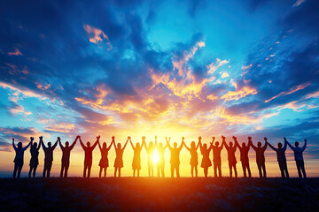 Fototapeta premium Silhouettes of group people men and women standing in celebration their victory at sunset