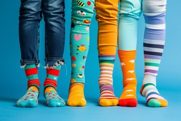 Four children wearing brightly colored and patterned socks standing side by side, showcasing playful and mismatched designs. Generated AI