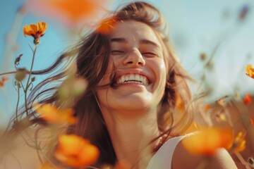 Joyful young woman with a radiant smile enjoying a sunny day surrounded by vibrant flowers. Generated AI