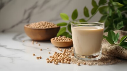 Fototapeta premium Glass of soy milk, white marble countertop, scattered soybeans, wooden bowl of soybeans, green soy leaves, burlap fabric, soft natural lighting, shallow depth of field, food photography.