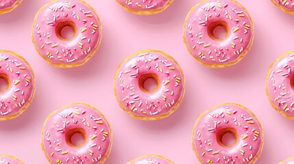 A pattern of pink glazed donuts with sprinkles on a pink background. Generative AI