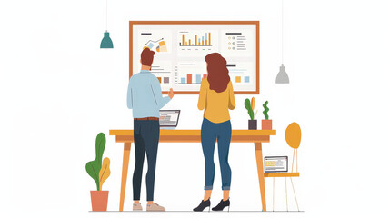 Investor reviewing a portfolio with a financial advisor, financial investment, flat illustration design.