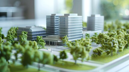 Generate a photo realistic image of a maquette depicting a corporate headquarters with modern architecture, office towers, and landscaped gardens; ensure the image is of high resolution