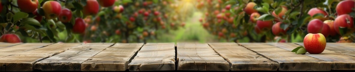 Empty rustic wooden table with an orchard background. Free copy space for text.