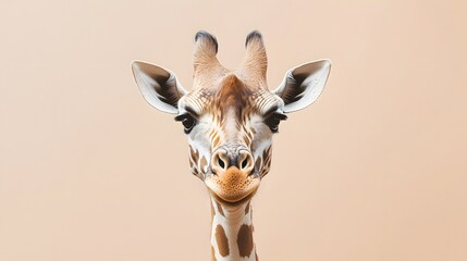 Pale beige background, giraffe head portrait, curious expression, long neck, large ears, detailed skin texture, spotted pattern, big gentle eyes, whiskers, minimal composition, studio photography.