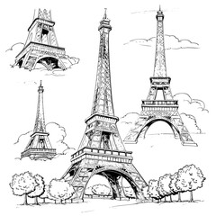 Eiffel tower in Paris on a white background. Landmark of Paris. Vector linear illustration