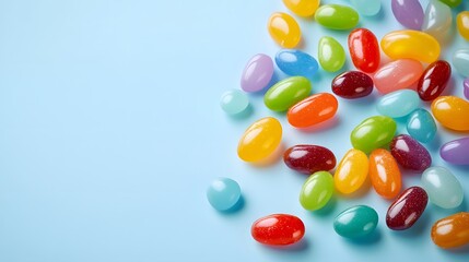 Pale blue background, colorful jelly beans, vibrant candy assortment, red, orange, yellow, green, purple, blue candies, glossy surface, scattered arrangement, food photography.