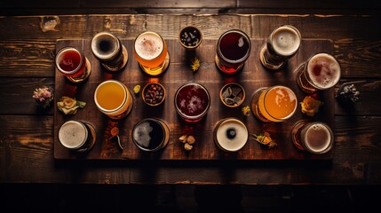 An overhead shot of a wooden table with a selection of craft beers