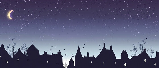 Fototapeta premium A spooky night scene with flying bats over a silhouette of a haunted village under a starry sky and a crescent moon.