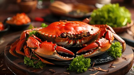 A close-up of a cooked crab on a black serving plate, with garnishes of green parsley and a wooden background. Generative AI