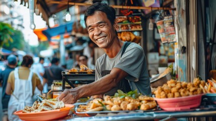 Obraz premium Street vendor smiling as they serve food, capturing the authenticity of local culture and cuisine