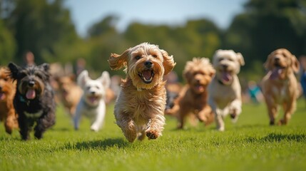 Capture the joyful atmosphere of a National Dog Day celebration at a bustling dog park. Show a variety of dog breeds interacting, playing fetch, and running freely in a spacious, grassy area. Include