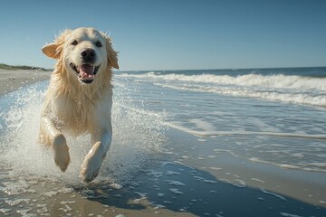 A joyful moment on the beach as a dog runs freely along the shoreline, splashing in the waves The sandy beach stretches out under a clear blue sky, creating a perfect backdrop for a fun day outdoors - Powered by Adobe